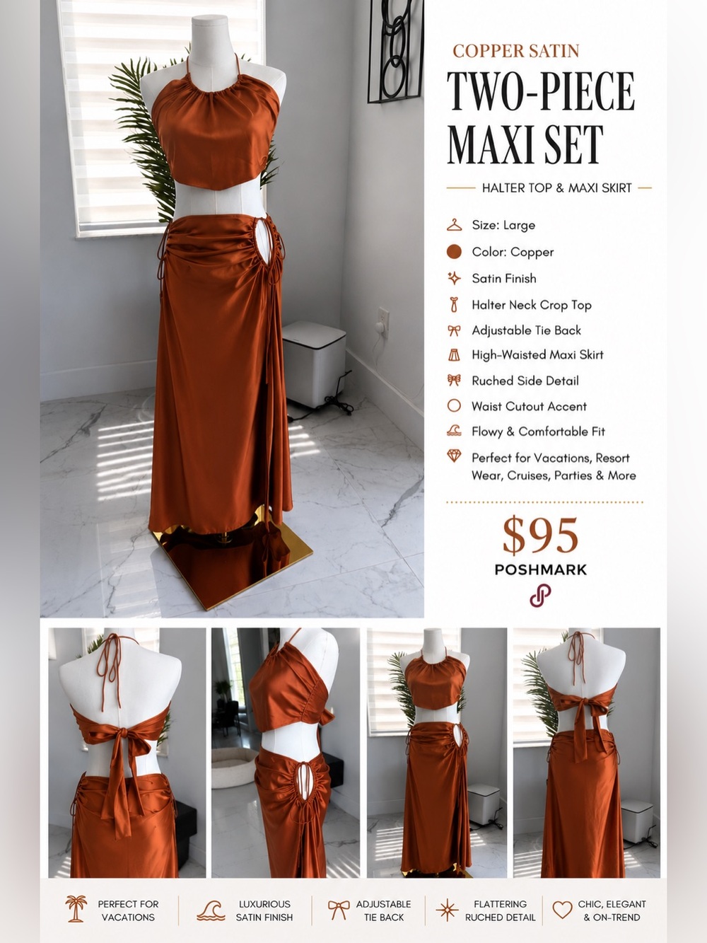 Copper Satin Two-Piece Maxi Set - Halter Crop Top & High-Waist Skirt